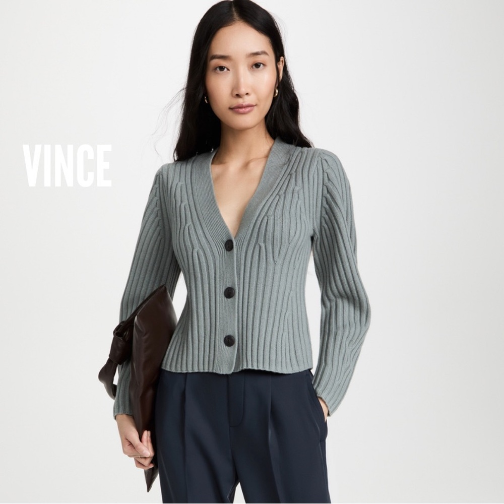 Vince Slate Gray Ribbed V-Neck Button Cardigan